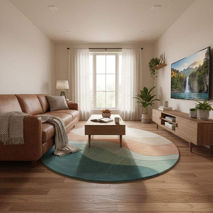 Mid-century modern inspired round carpet with sculpted wave texture surrounded by stylish chairs and indoor plants.