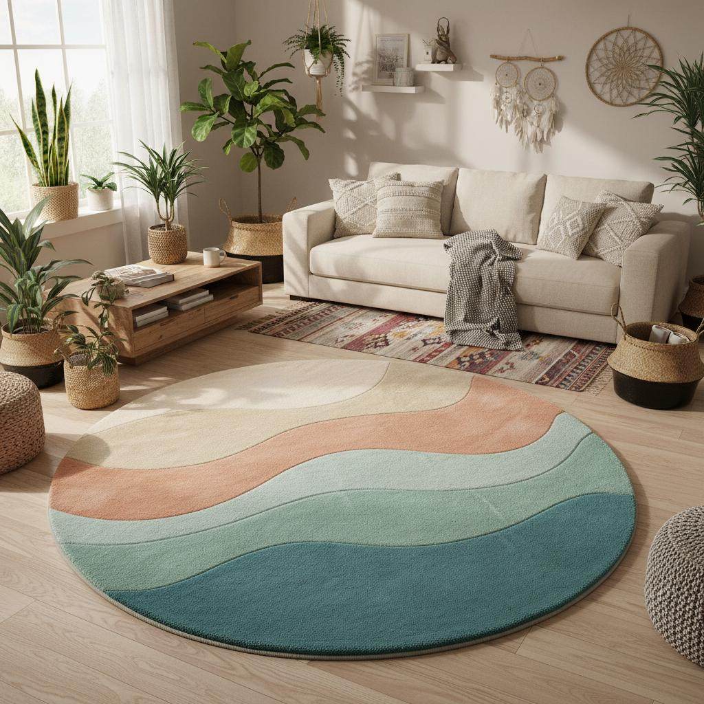 Soft plush round area rug featuring modern curved design and pastel colors on a wooden parquet floor beneath minimalist décor.