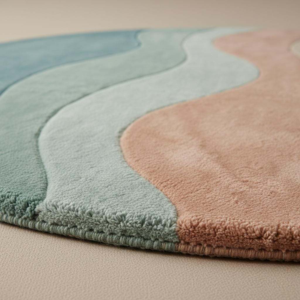 Modern round wavy area rug with curvy wave design in neutral soft teal, peach, sage, and cream tones