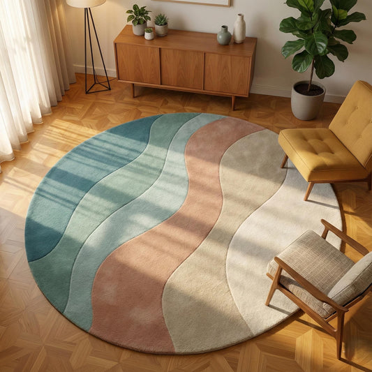 Modern wavy area rug with curvy wave design in neutral tones, soft plush round carpet for living room.