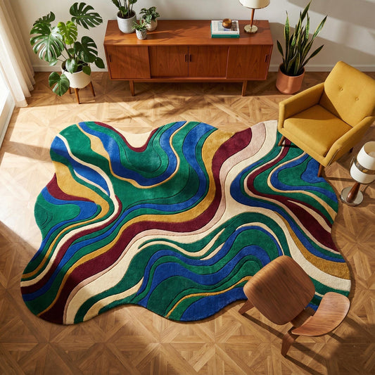 Abstract wavy rug with vibrant retro modern colors and organic wavy edges in mid-century style