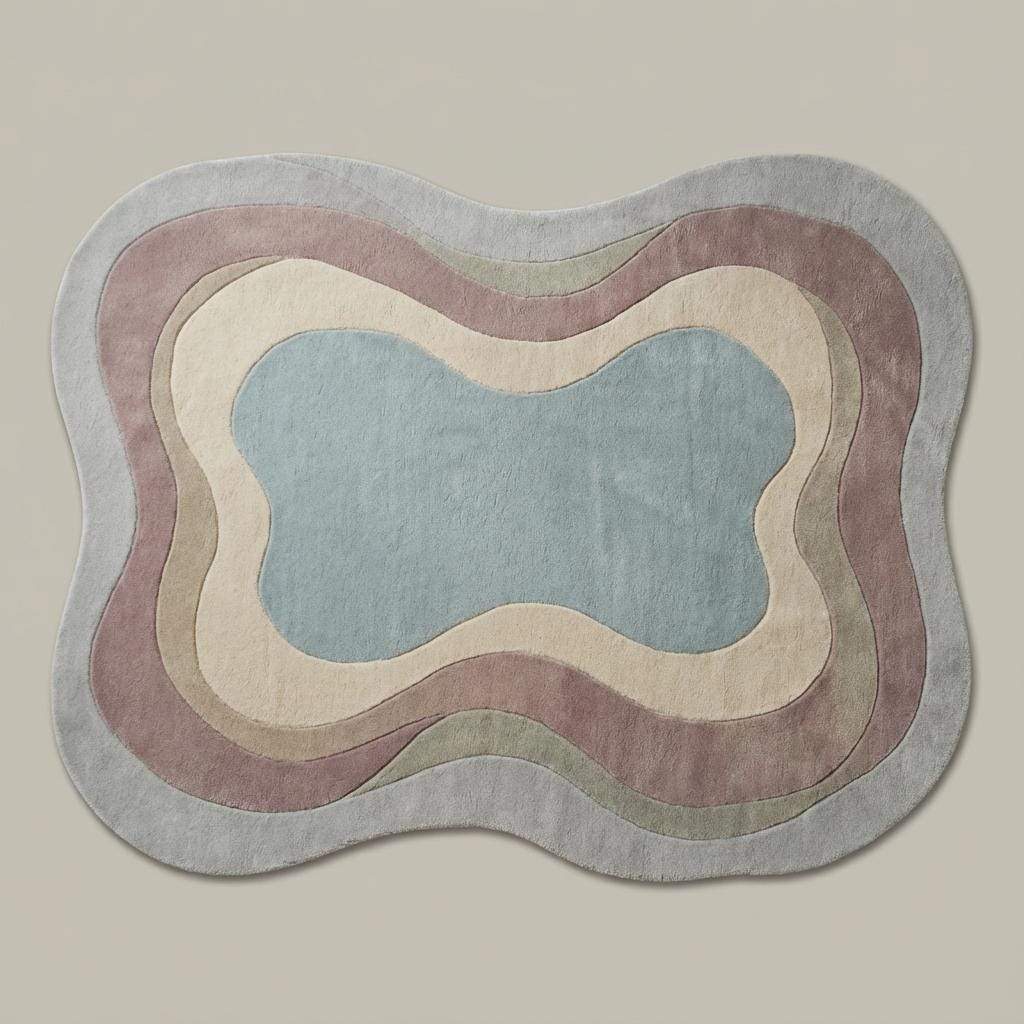 Abstract sculptural wool rug with curved edges and muted colors on wood flooring, handmade tufted carpet for contemporary decor.