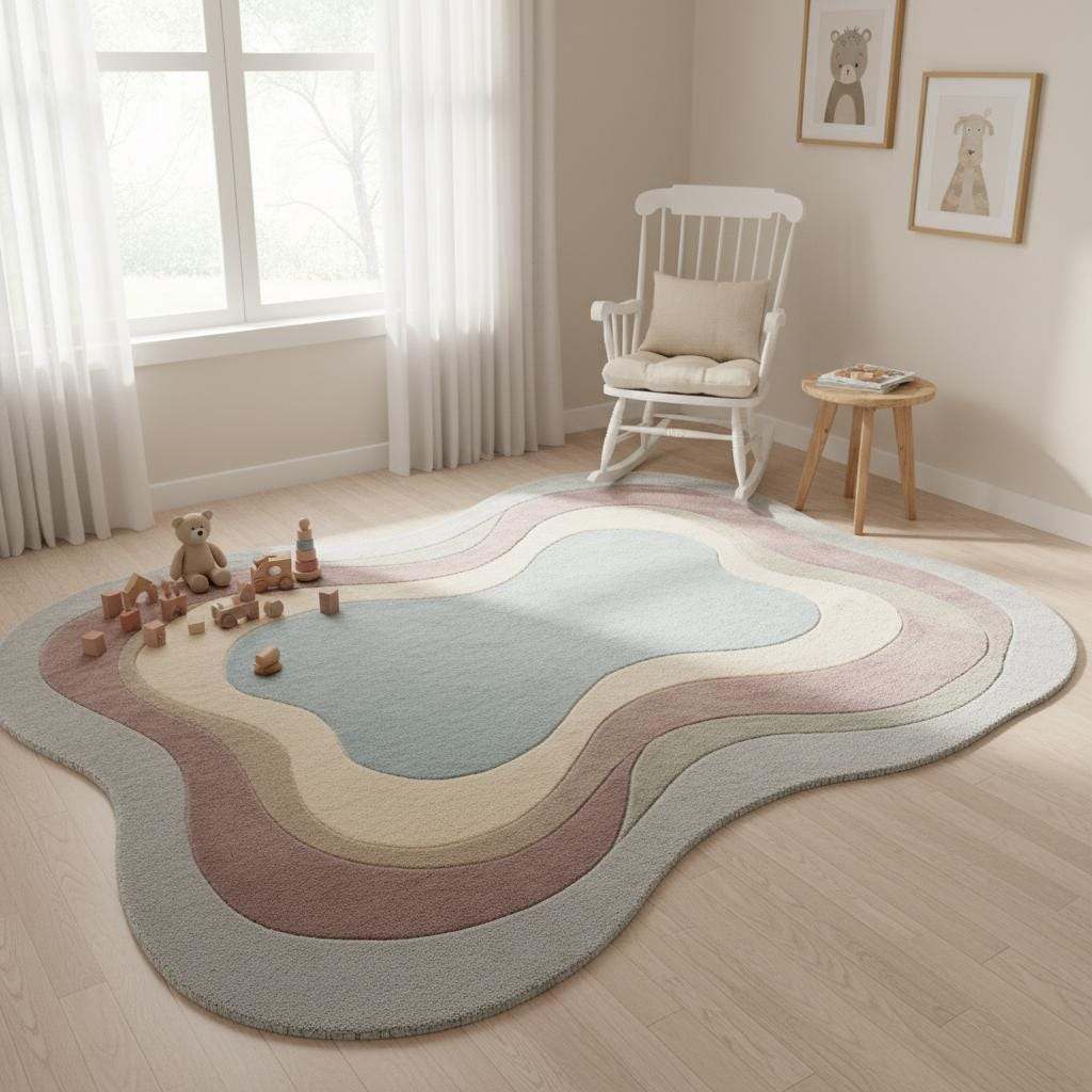 Unique irregular shape area rug with abstract contours, luxurious tufted wool design on parquet flooring for minimalist homes.