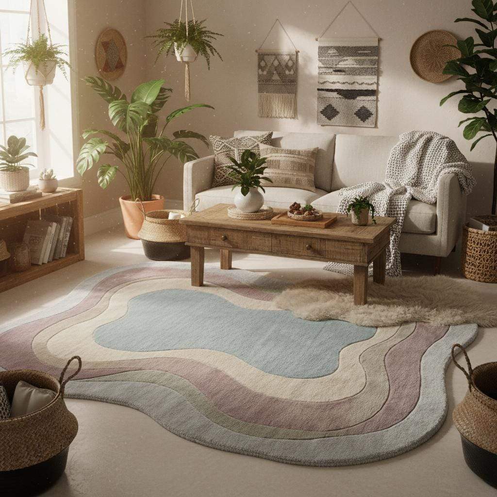Modern pastel wavy rug with organic silhouette, hand-tufted wool texture shown in a mid-century style living room interior.