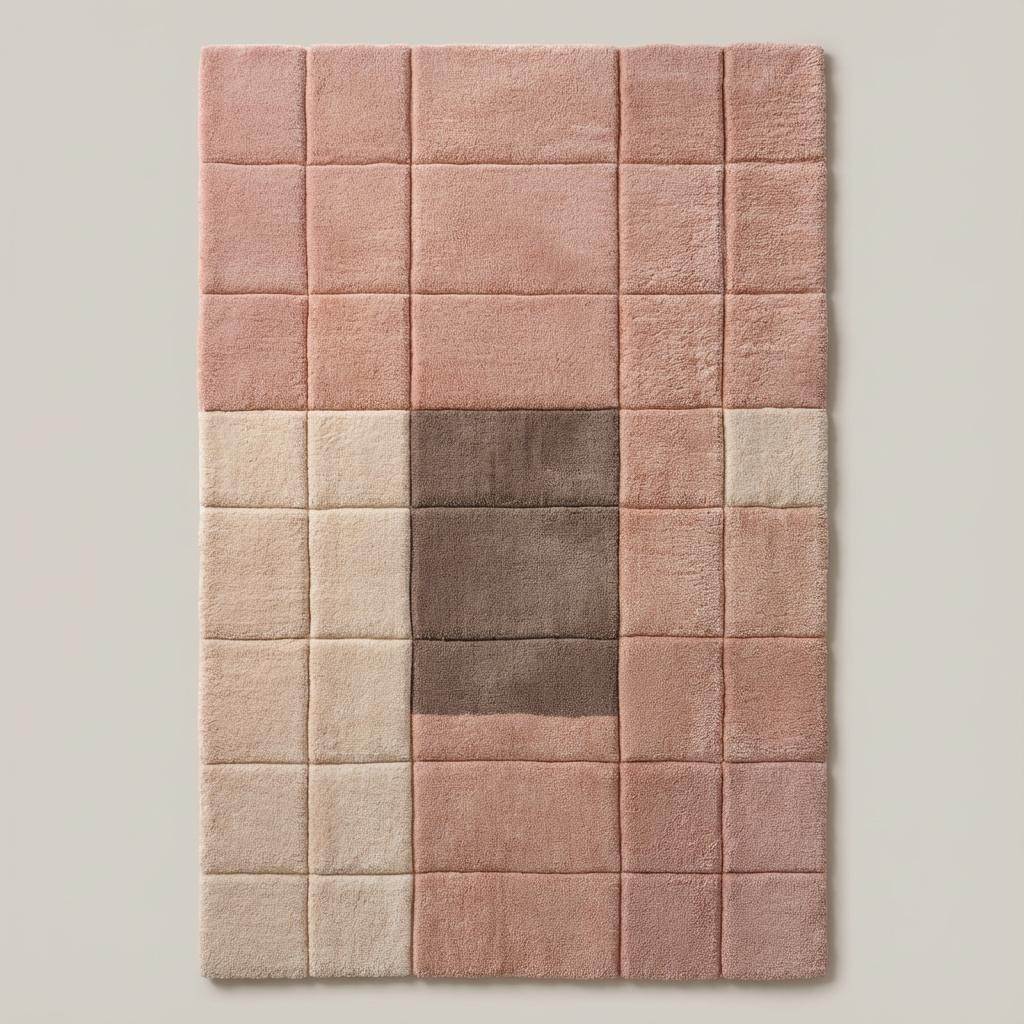 Top-down view of a modern geometric area rug in blush pink, cream, and taupe tones with a plush tufted texture beside a mustard chair and wood furniture.