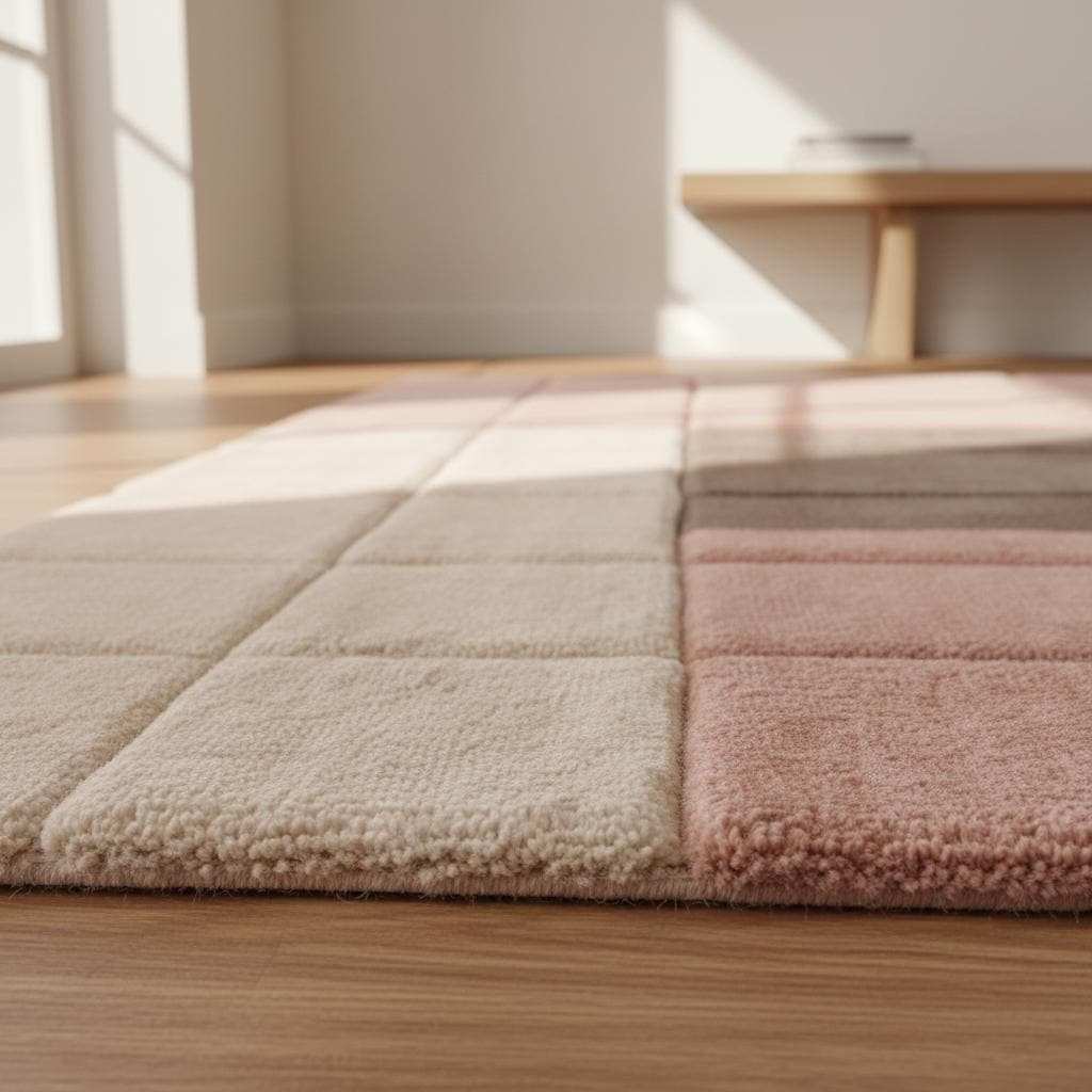 Plush geometric area rug with textured squares in pink and beige hues, perfect for modern or Scandinavian home décor.