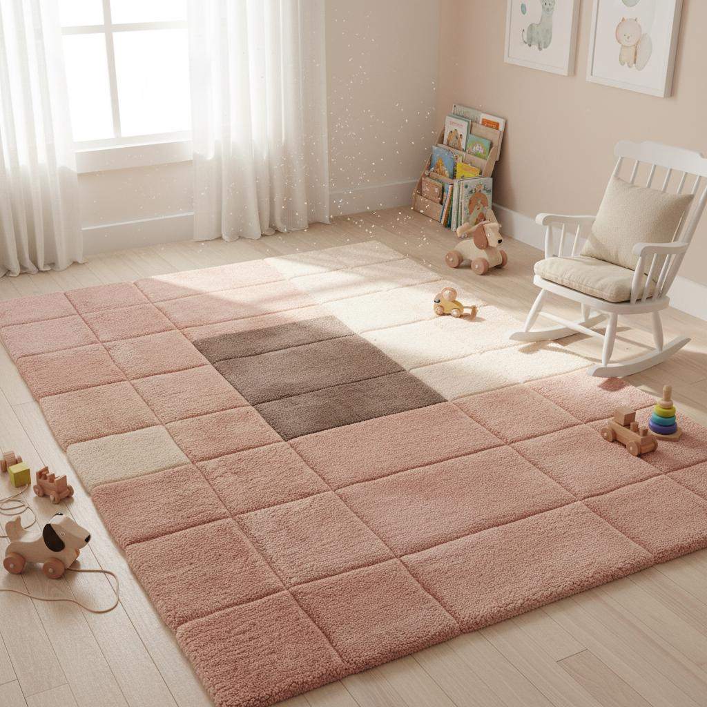 Decorative abstract tufted rug featuring blush and neutral blocks, shown with modern furniture for a cozy interior look.