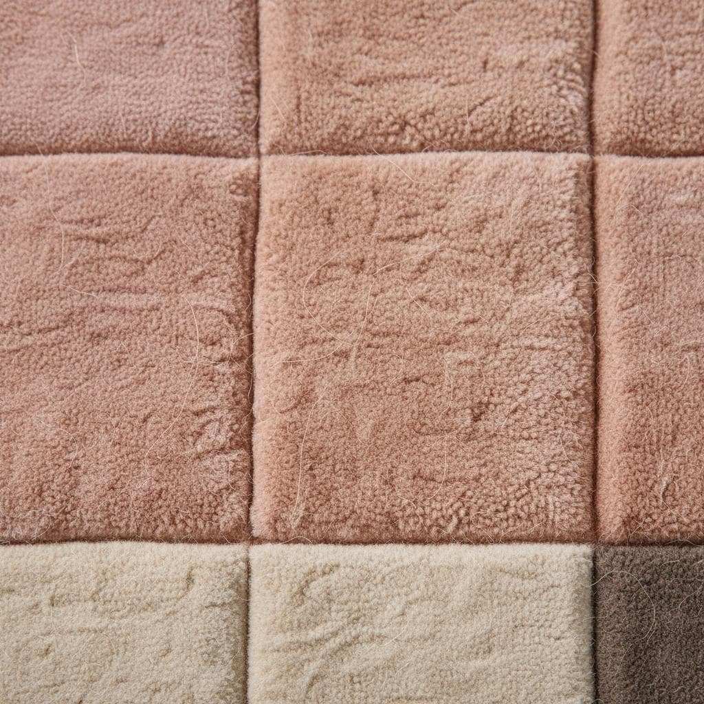 Modern geometric rug with plush pink neutral tones and textured grid pattern