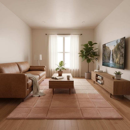 Contemporary accent rug with soft pastel tones and a grid layout, photographed in a stylish reading or lounge corner.