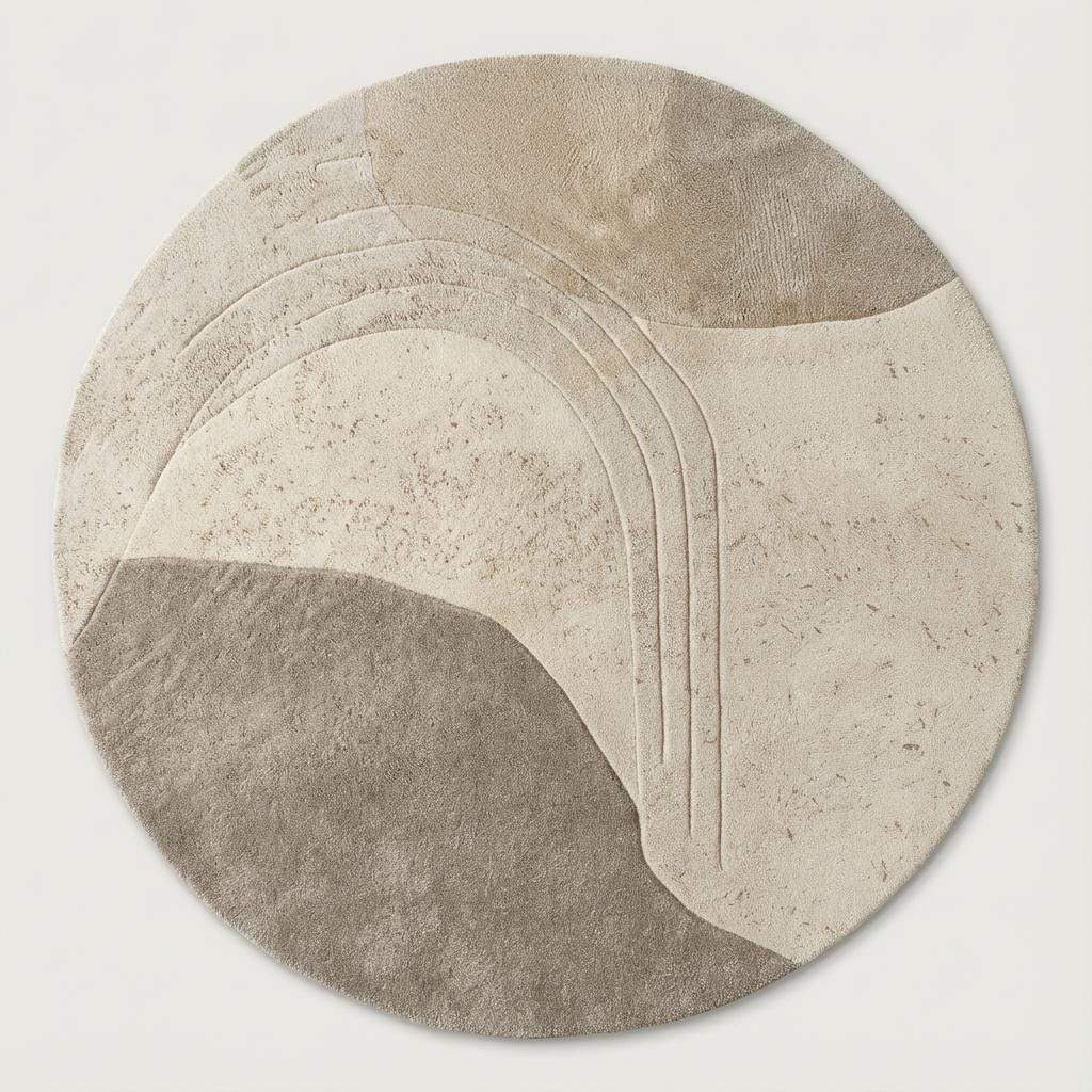 Hand-tufted circular wool rug featuring carved textured patterns on light wood flooring in a modern Scandinavian interior.