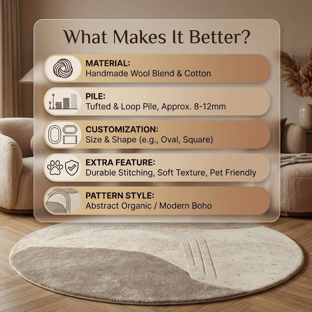 Neutral sculpted wool rug with textured round design for minimalist living room decor