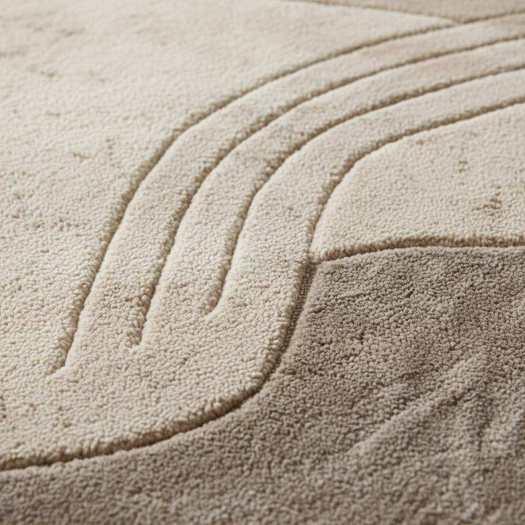 Neutral sculpted wool rug with textured surface, round shape for living room decor