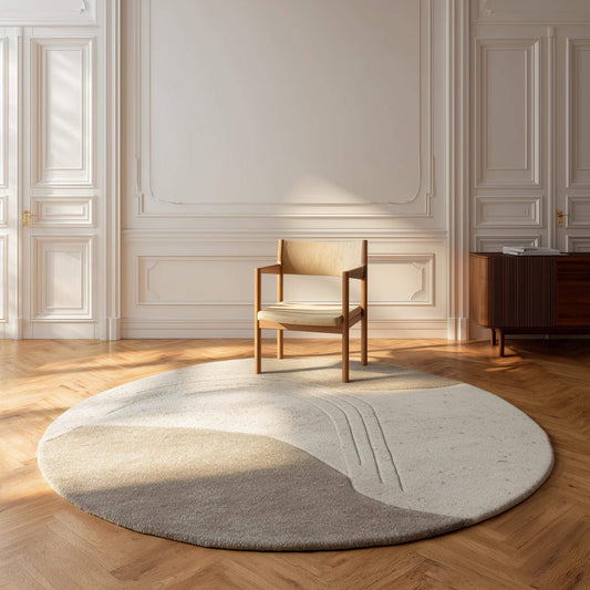 Neutral round sculpted wool rug with textured surface for minimalist living room decor