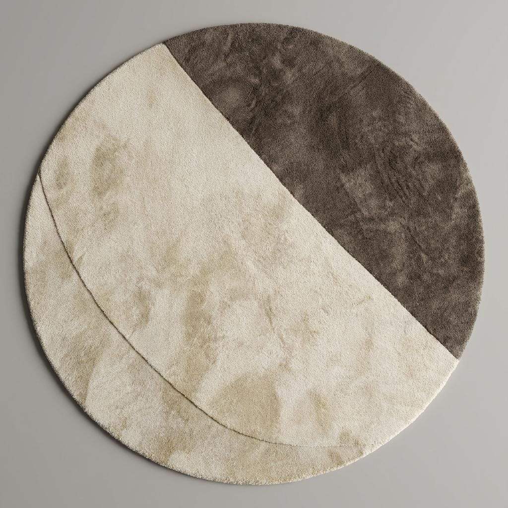 Soft plush round rug featuring a half-moon cream and taupe pattern styled with modern furniture, neutral home décor aesthetic.