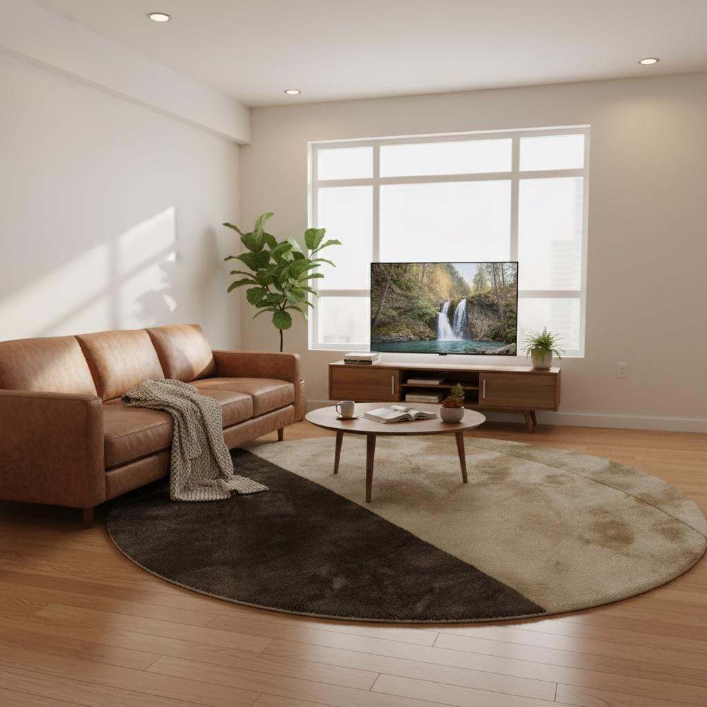 Neutral abstract round carpet under accent chair, cream and beige textured rug ideal for living room or bedroom décor.
