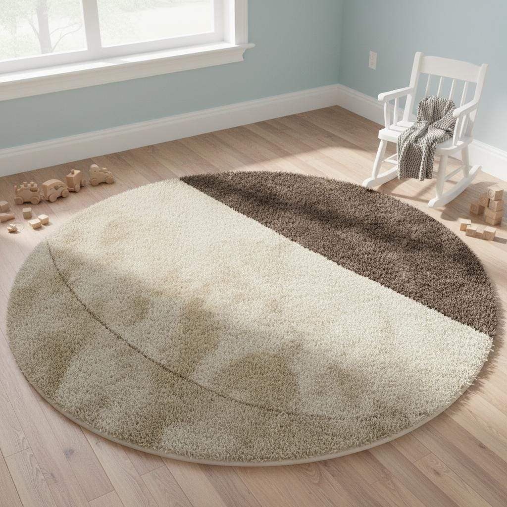 Modern minimalist rug in circular shape featuring soft two-tone color blocking, styled in elegant home interior.