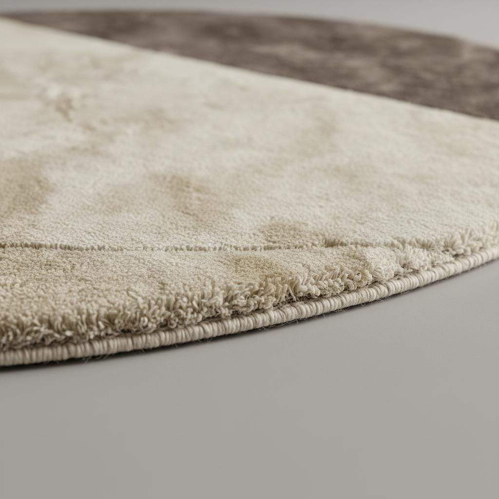Modern round area rug with two tone cream and taupe colors and plush tufted texture