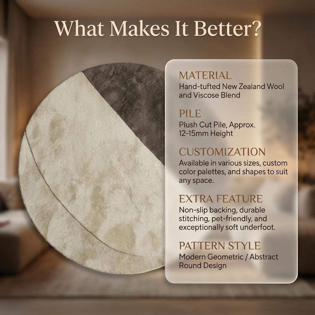 Modern round area rug with two tone cream and taupe plush tufted texture for Scandinavian and Japandi decor