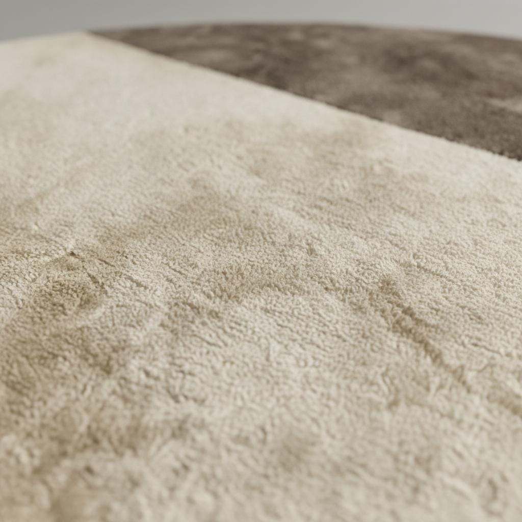 Modern round area rug in two tone cream and taupe with plush tufted texture and geometric pattern