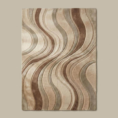 Modern Sculpted Wave Rug with 3D textured wave pattern in neutral earth tones, hand tufted wool blend plush carpet for living room