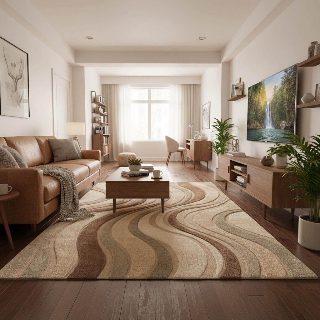 Neutral earth tone Modern Sculpted Wave Rug with 3D textured wave pattern in a plush living room setting