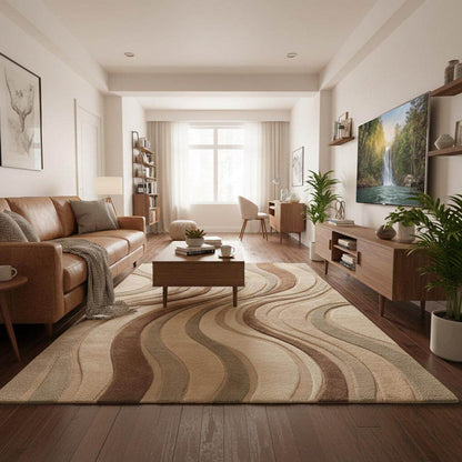 Neutral earth tone Modern Sculpted Wave Rug with 3D textured wave pattern in a plush living room setting