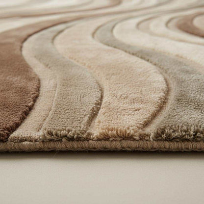 Modern Sculpted Wave Rug with 3D textured wave pattern in neutral earth tones, hand tufted plush wool blend carpet for living room decor