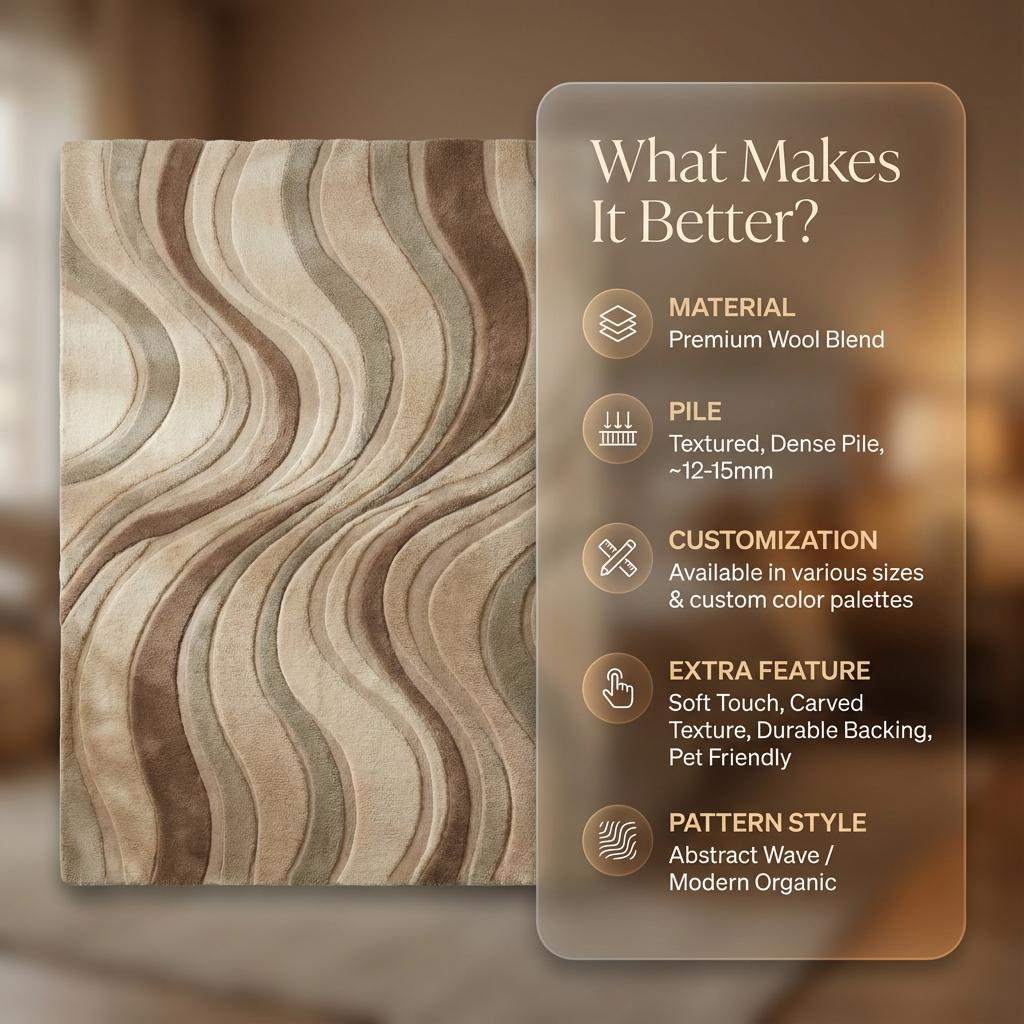 Modern Sculpted Wave Rug hand tufted with 3D wave pattern in neutral earth tones for living room decor
