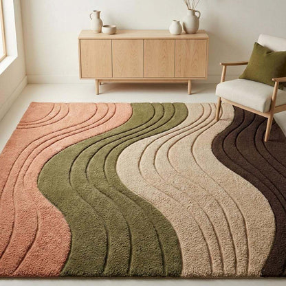 Beige modern wavy area rug with plush high pile and textured wave pattern for living room decor