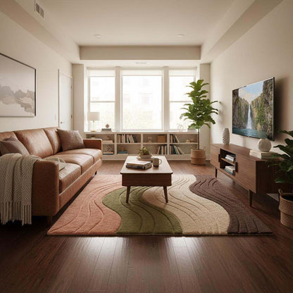 Modern boho area rug with sculpted wave pattern in warm natural colors, adding depth and comfort to a bright living space.