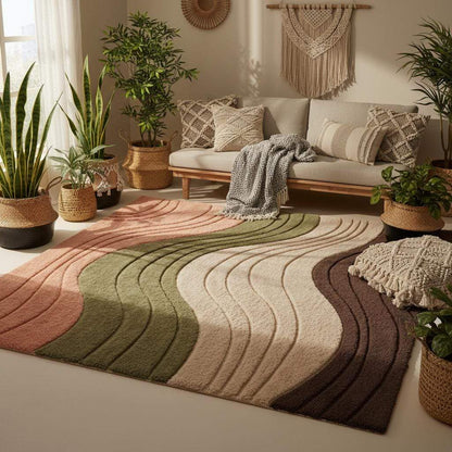 Soft 3D tufted carpet with flowing abstract lines, earth tone palette, and high-pile texture enhancing a clean minimalist home interior.