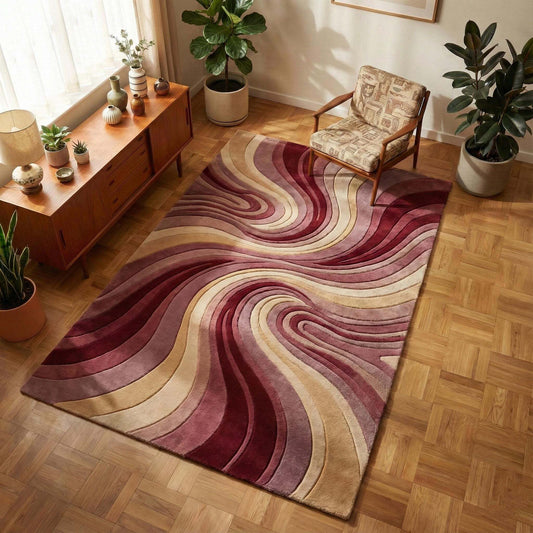 Retro Swirl Rug with abstract vintage swirl pattern and plush 3D pile carpet in burgundy and gold tones