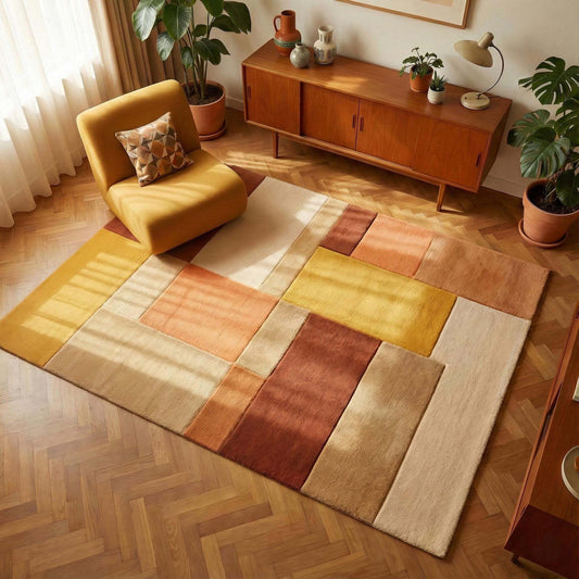 Mid century rug with geometric color block design in warm ochre, rust, and sand tones for modern living rooms