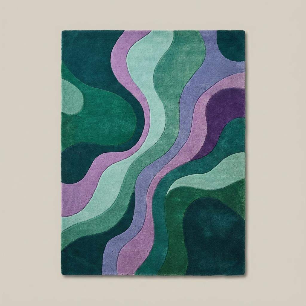 Retro abstract wave pattern rug featuring bold greens and purples placed on parquet flooring near a modern teal armchair.