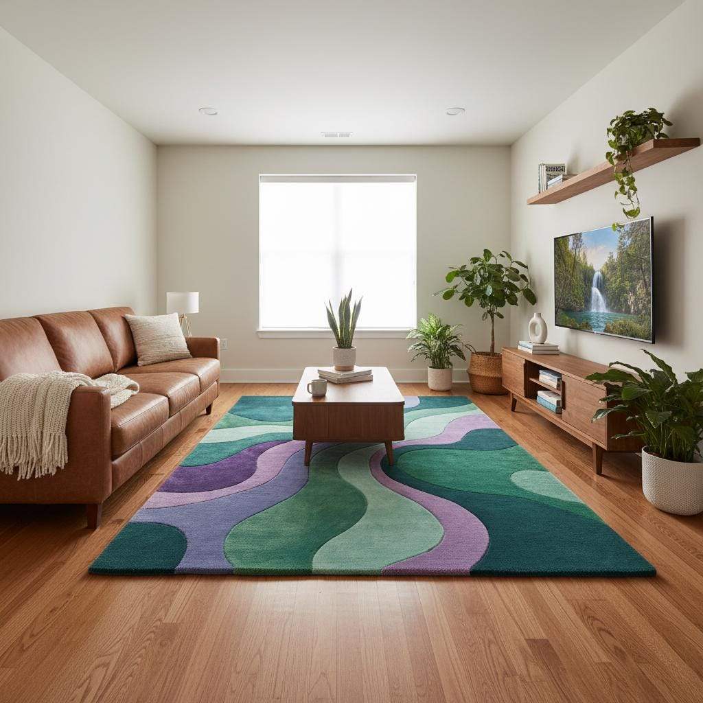 Soft plush contemporary rug with swirling wave design styled with indoor plants and minimalist décor.