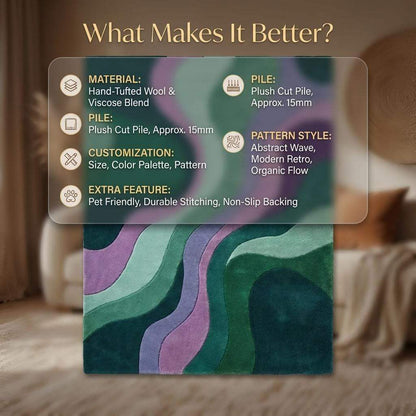 Modern wavy area rug with retro green and purple abstract pattern, plush durable carpet for living room decor