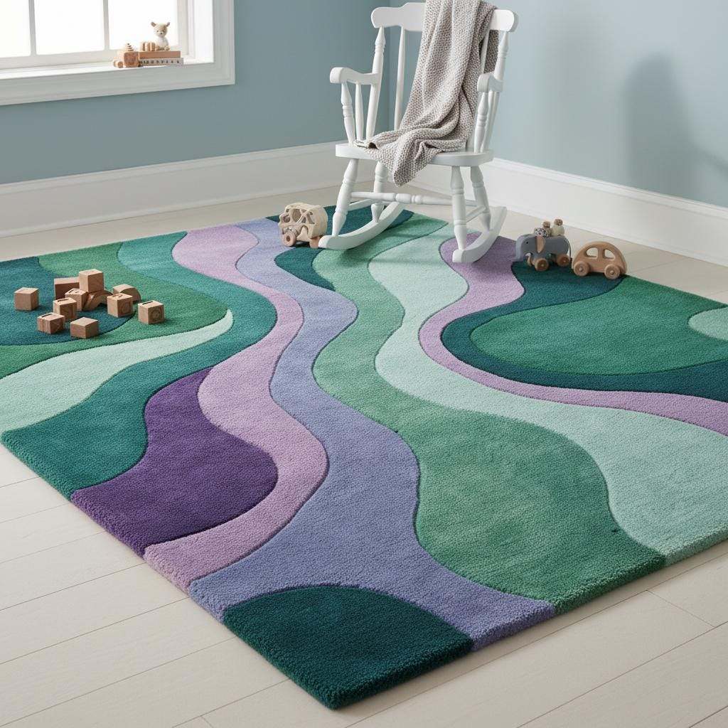 Green and purple abstract area rug enhancing a bright modern living room with natural light and warm wood flooring.
