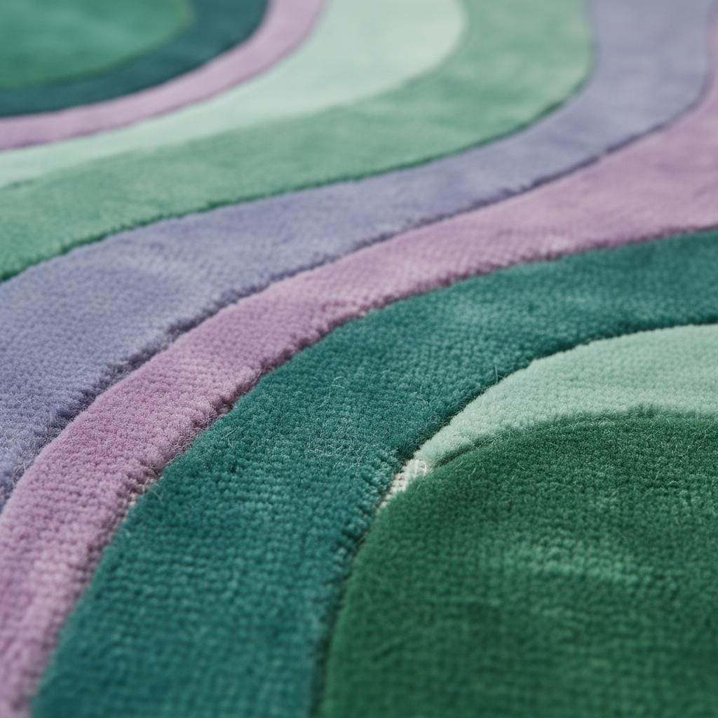 Modern wavy area rug with retro green and purple abstract pattern, plush and durable carpet for stylish living spaces