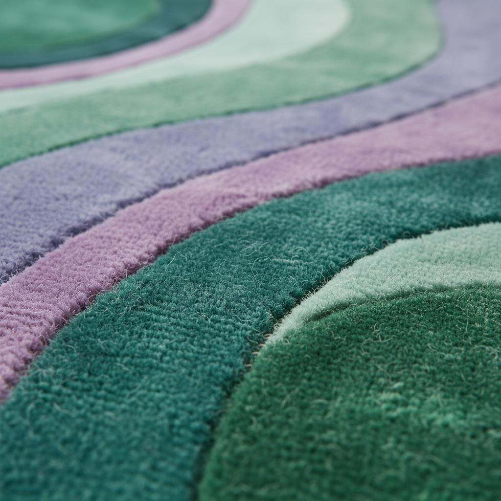 Modern wavy area rug with retro green and purple abstract pattern, plush durable carpet for living rooms and bedrooms