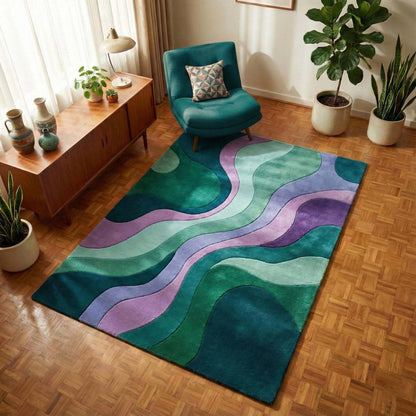 Modern wavy area rug with retro green and purple abstract design, plush and durable carpet for stylish living spaces