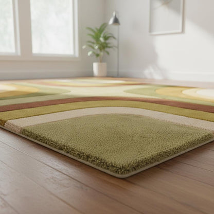 Mid century area rug with colorful retro geometric design and soft plush texture in earth tones