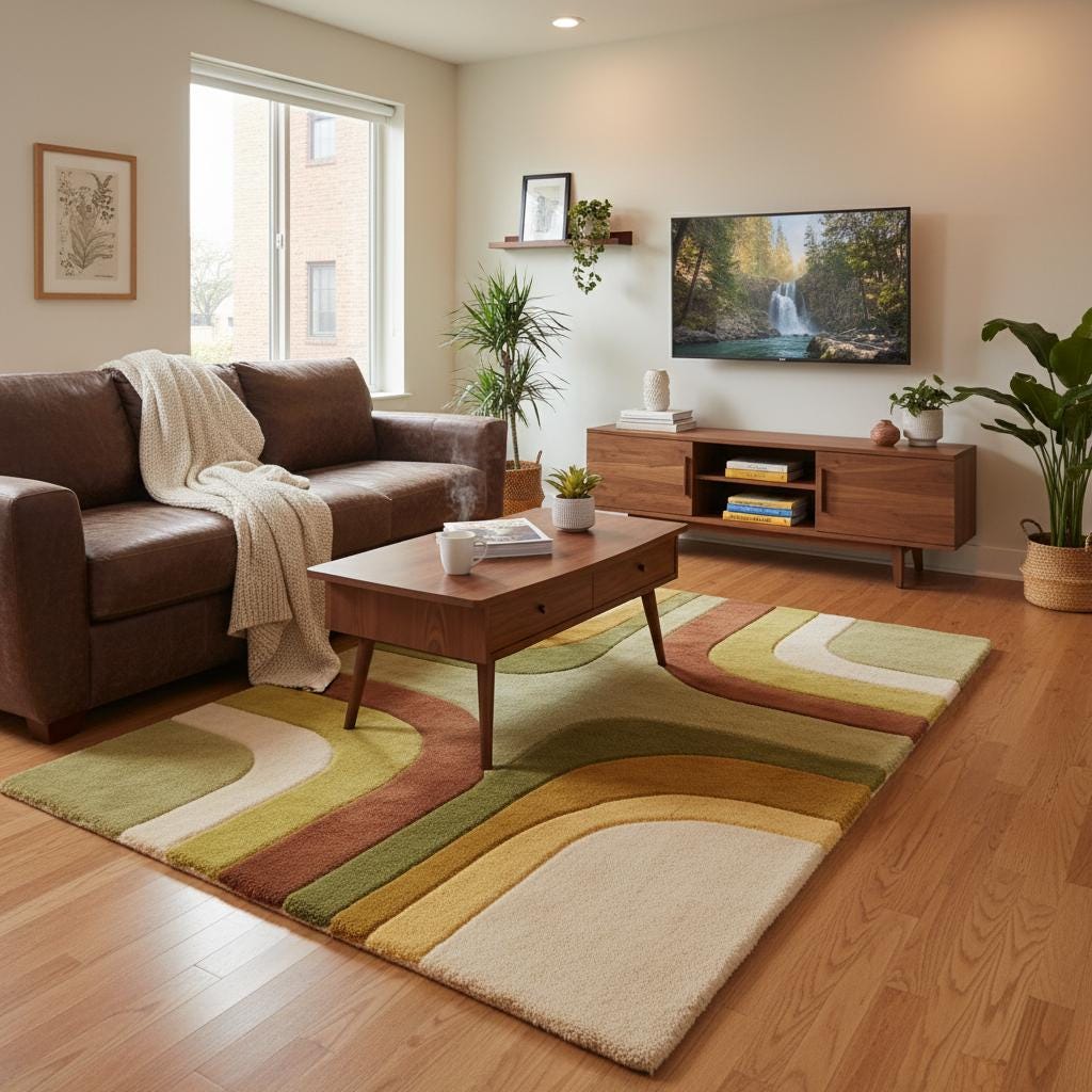 Vintage inspired retro rug with plush texture and abstract pattern, adding warmth to a minimalist living space.