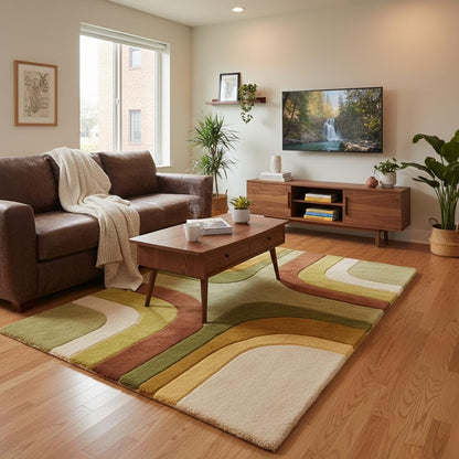 Vintage inspired retro rug with plush texture and abstract pattern, adding warmth to a minimalist living space.