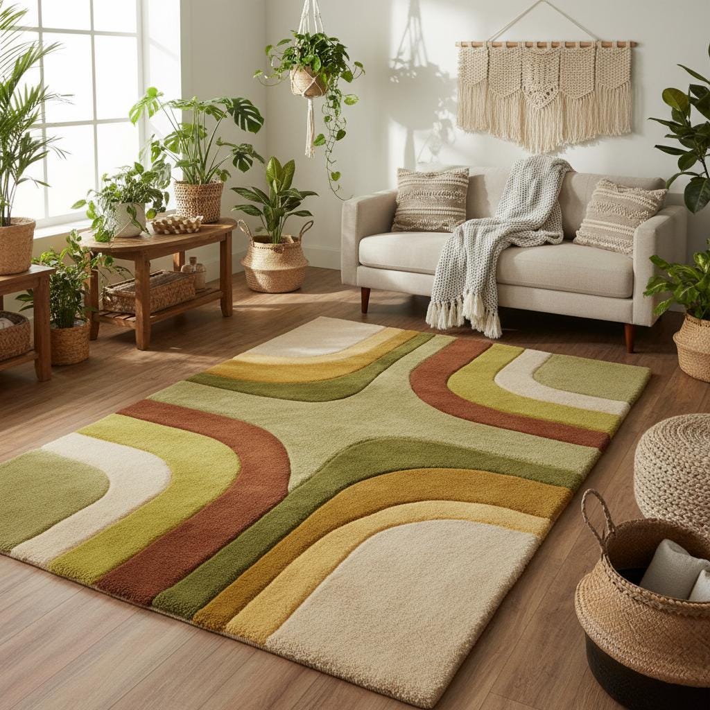 Colorful mid-century accent carpet with bold curved shapes displayed on parquet flooring with natural light and greenery.
