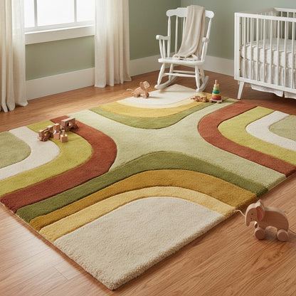 Geometric curved design rug in green, brown, mustard and cream, creating a statement centerpiece in a stylish living room.