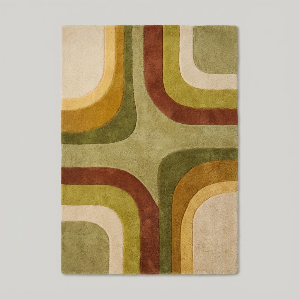 Soft geometric 70s style rug featuring warm earthy tones, placed beneath a mustard chair in a modern retro home interior.