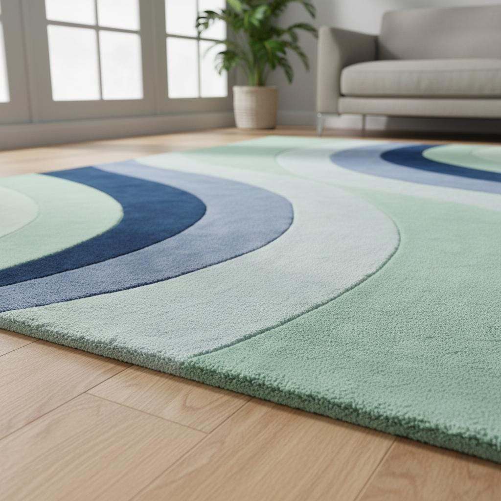 Modern abstract wave rug with sculpted pile, soft plush texture, and calming blue-green tones for stylish living spaces
