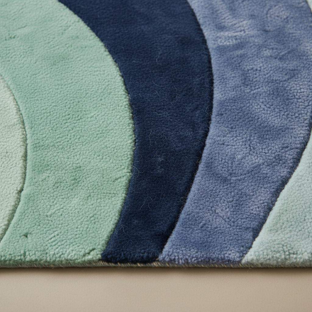 Modern abstract wave rug with sculpted pile and soft plush comfort in mint, navy, and blue tones