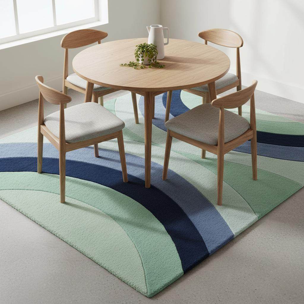 Soft decorative area carpet in mint and navy waves, adding modern artistic flair to a living room interior.
