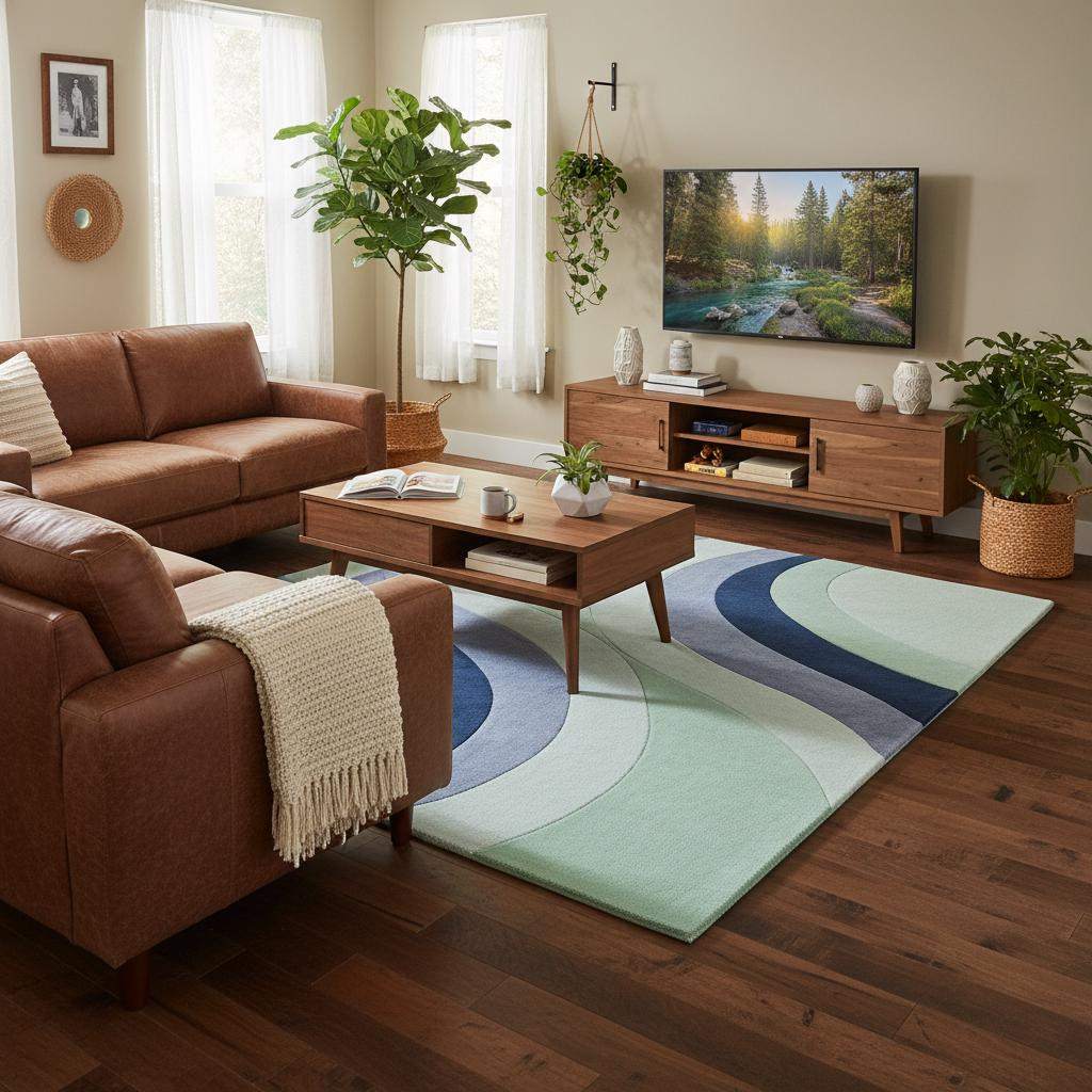 Luxury soft area rug featuring curving abstract lines in multiple blue shades, creating a calm and modern atmosphere.